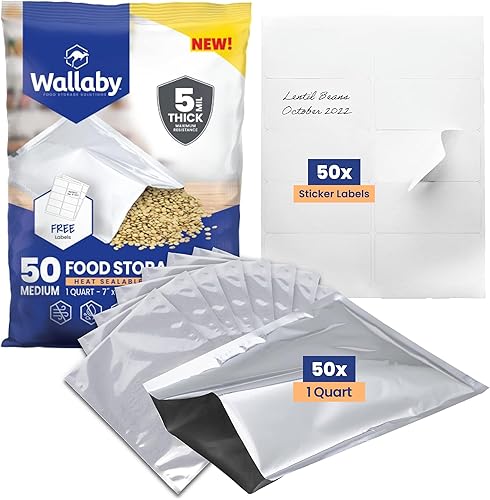 Wallaby 50 bolsas de Mylar de 1 cuarto de galón con etiquetas, bolsas de almacenamiento de alimentos a largo plazo de 5 mil de grosor total,