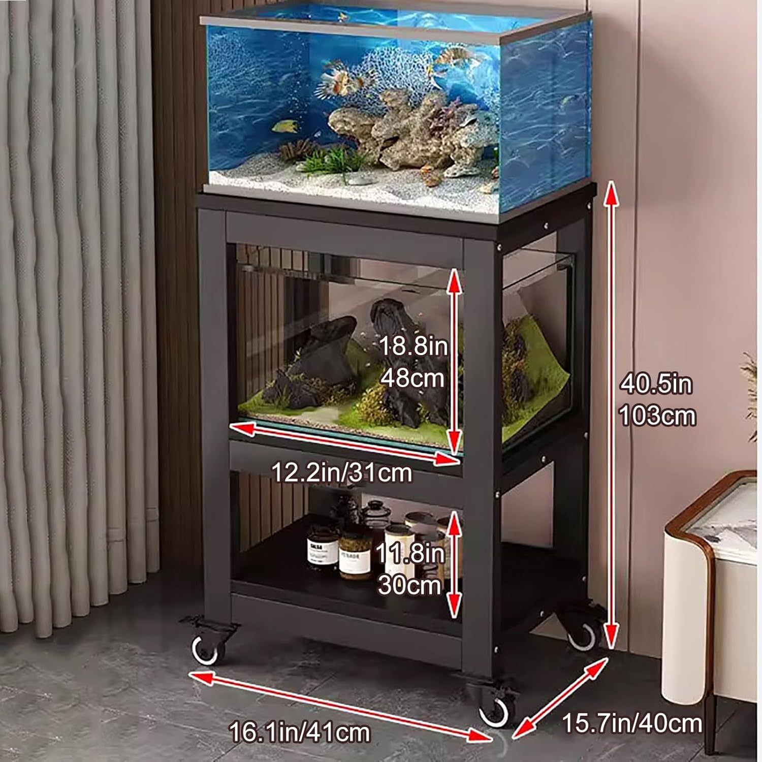 3 Tier Fish Tank Stand with Wheels for 10–60 Gallon Aquariums, Heavy Duty Metal Aquarium Stand with Storage Shelves, with Lockable Casters, 660 lbs Capacity 41*40cm/16.1*15.7in