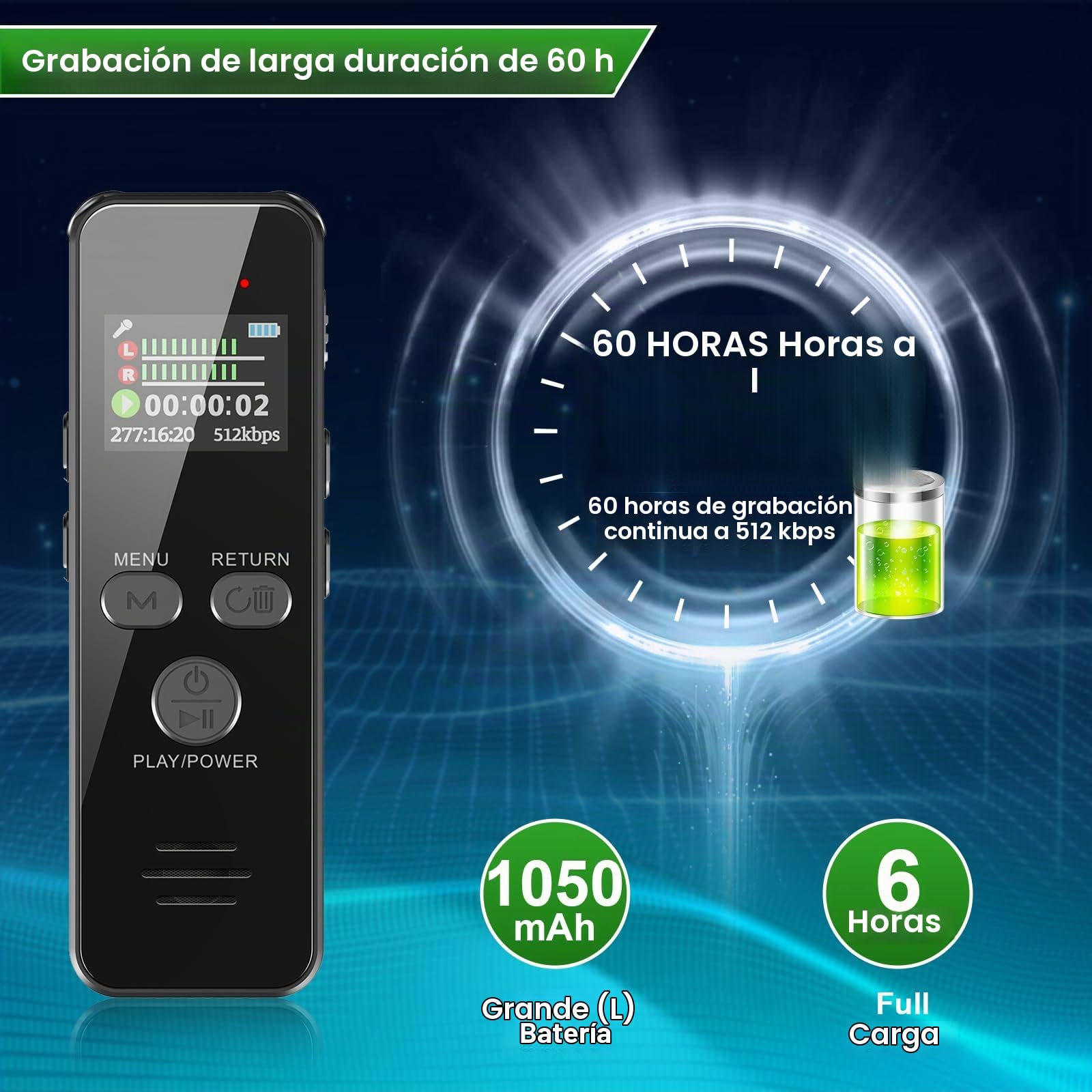 60Horas Grabadora de Voz, 64GB Carcasa Metálica Grabadora de Audio Activada por Voz con Contraseña, USB C, para Conferencias Reunión Clase Entrevistas