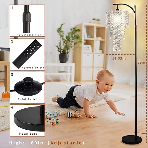 Miniatura 5 de Lámparas de pie de arco para sala de estar, moderna lámpara de pie de cristal con control remoto, lámpara de pie LED regulable, pantalla de cristal,