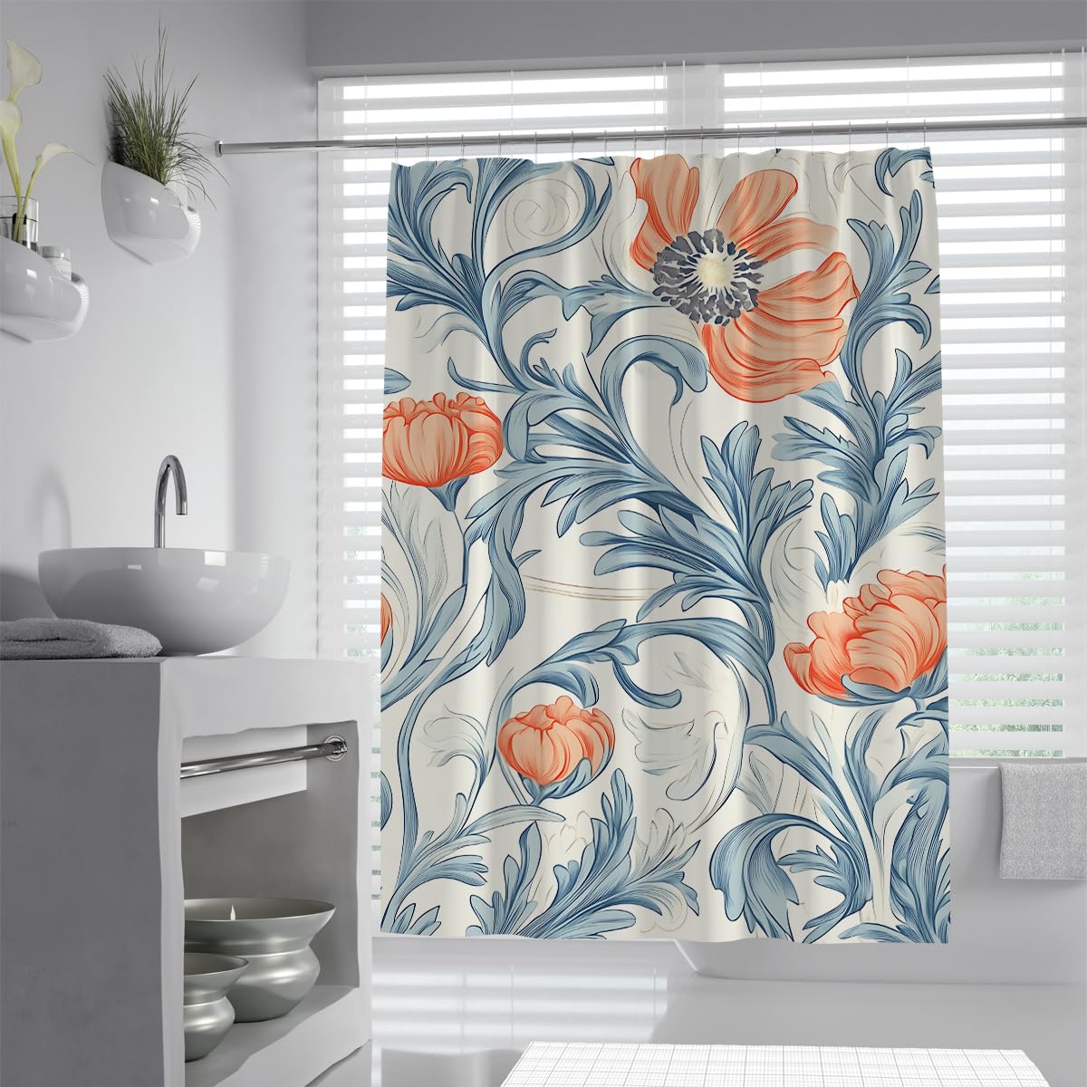 OLLIAR Home Vintage Flower Shower Curtains 180x180 Elegant Orange Wildflower Botanical Floral Leaf Vine Farmhouse Garden Fabric Bath Curtains Bathroom Accessories
