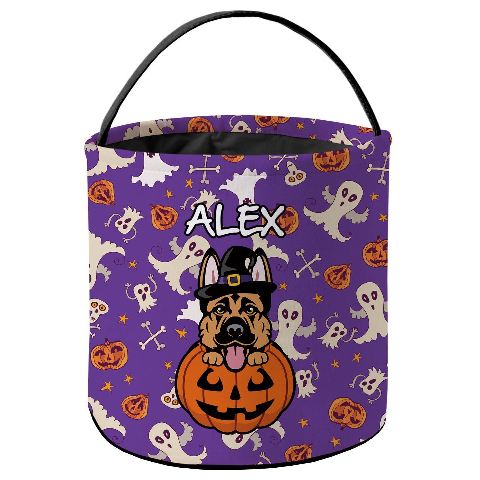KafePross Personalized Halloween Trick or Treat Bag Smiling Puppy Germanshepherd Dog Halloween Ghost Pumpkin Decor Basket Candy Gifts Bucket for Kids 9 x 9.8 Inch Purple