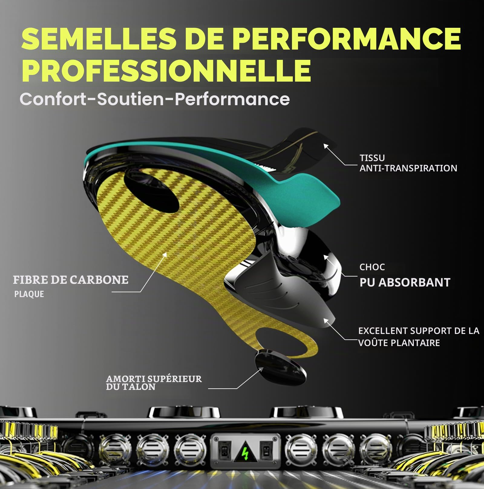 Welnove Semelles en fibre de carbone avec soutien de la voûte plantaire - Semelles de performance absorbant les chocs pour le sport actif (Or, XL:43-44)