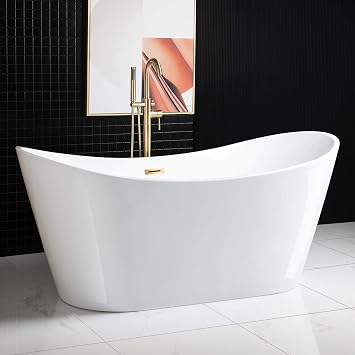 WOODBRIDGE 67" Acrylic Freestanding Bathtub Contemporary Soaking White Tub with Brushed Gold Overflow and Drain,BTA1515-BG-Drain&O