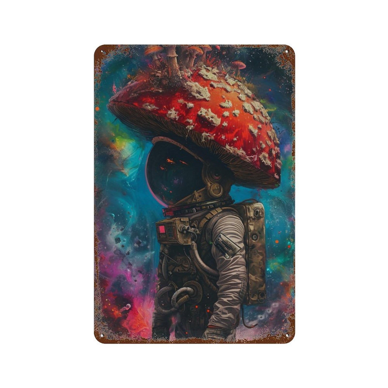 Mushroom Astronaut in Space Aged Metal Wall Plaque 11.8"x7.9", Industrial Home Decor for Garage, Pub Or Kitchen