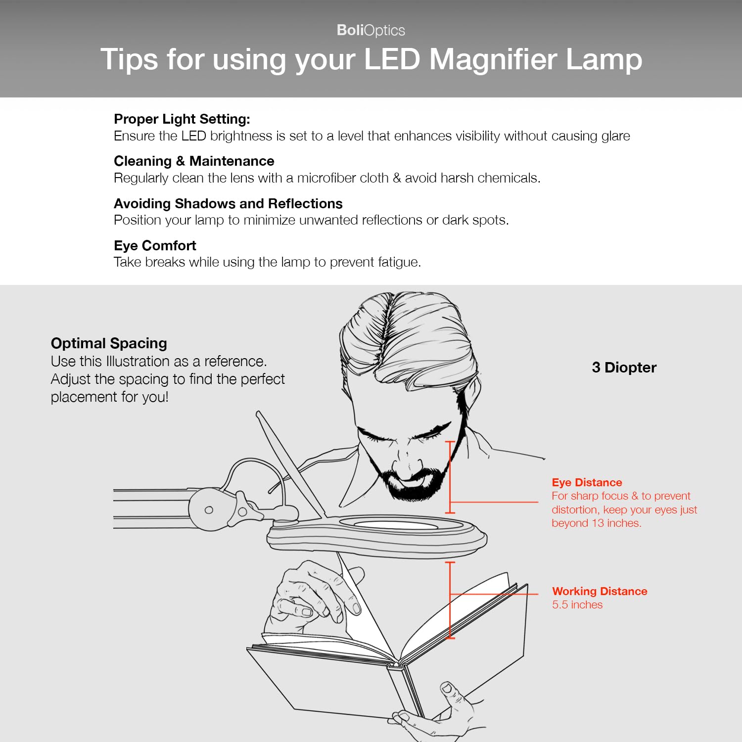 (5 inch Glass Lens) Professional LED Magnifying Lamp with Clamp, Dimmable, 1200 Lumens, 5600K-6000K Daylight Bright 60 SMD LED, Work Light Mounting Bracket Clamp (3 Diopter) BoliOptics MG16303121