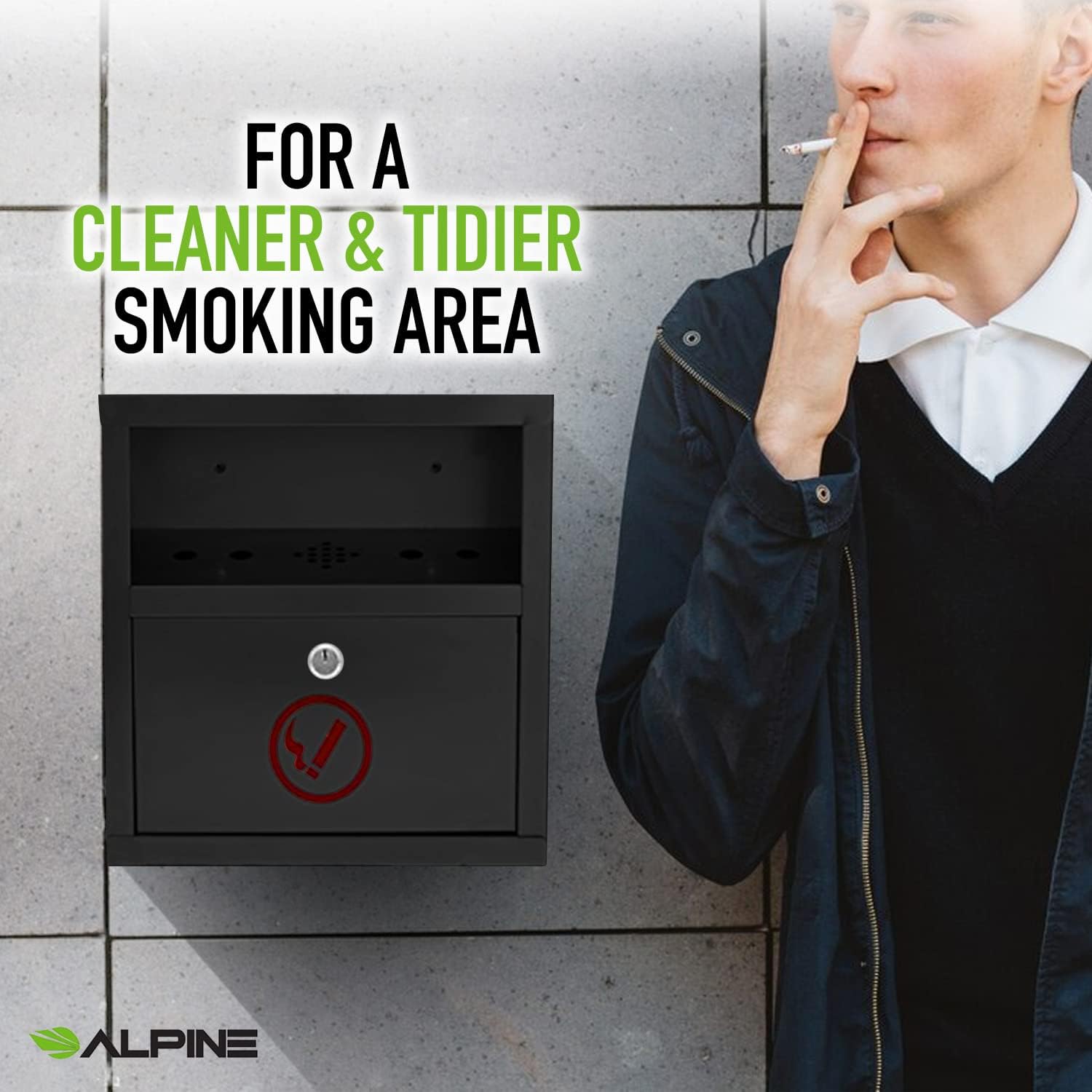 Alpine Industries Cigarette Butt Receptacle - Smoker Disposal Station - Eliminates Odor - Quick Clean Cigarette Disposal Bin - Commercial Ashtray - Black: Industrial & Scientific