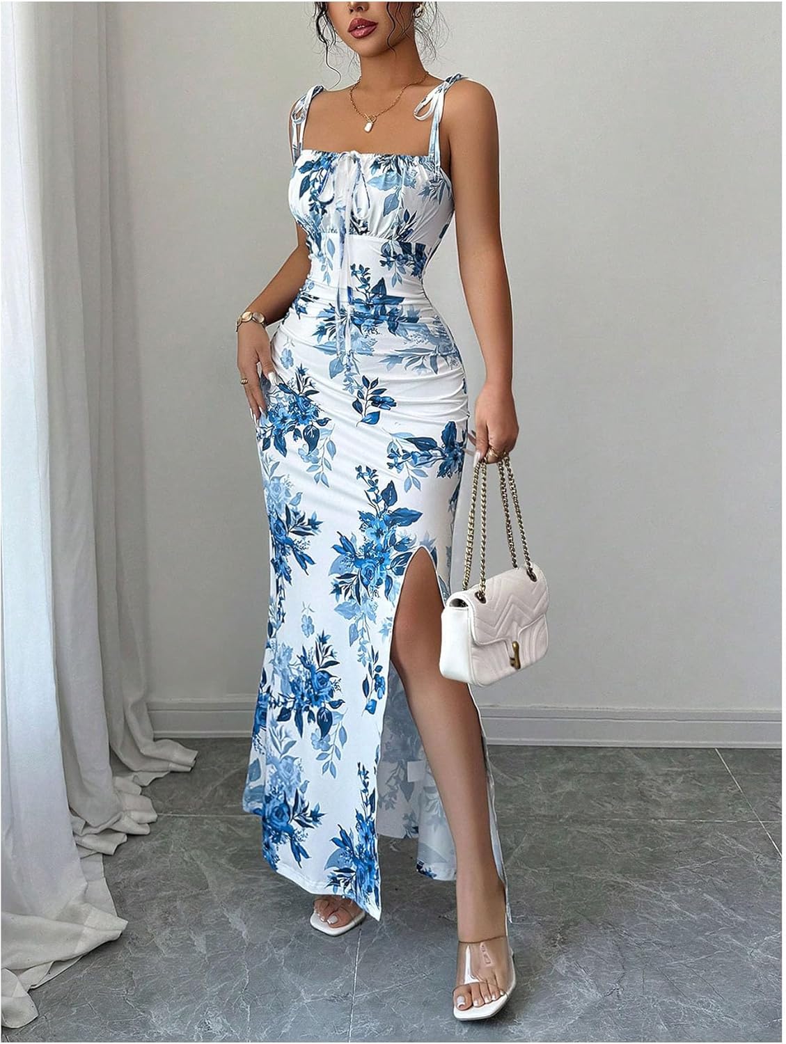 Floerns Women's Summer Floral Cami Maxi Dress Tie Shoulder Vacation Split Milkmaid Bodycon Dresses - Image 2