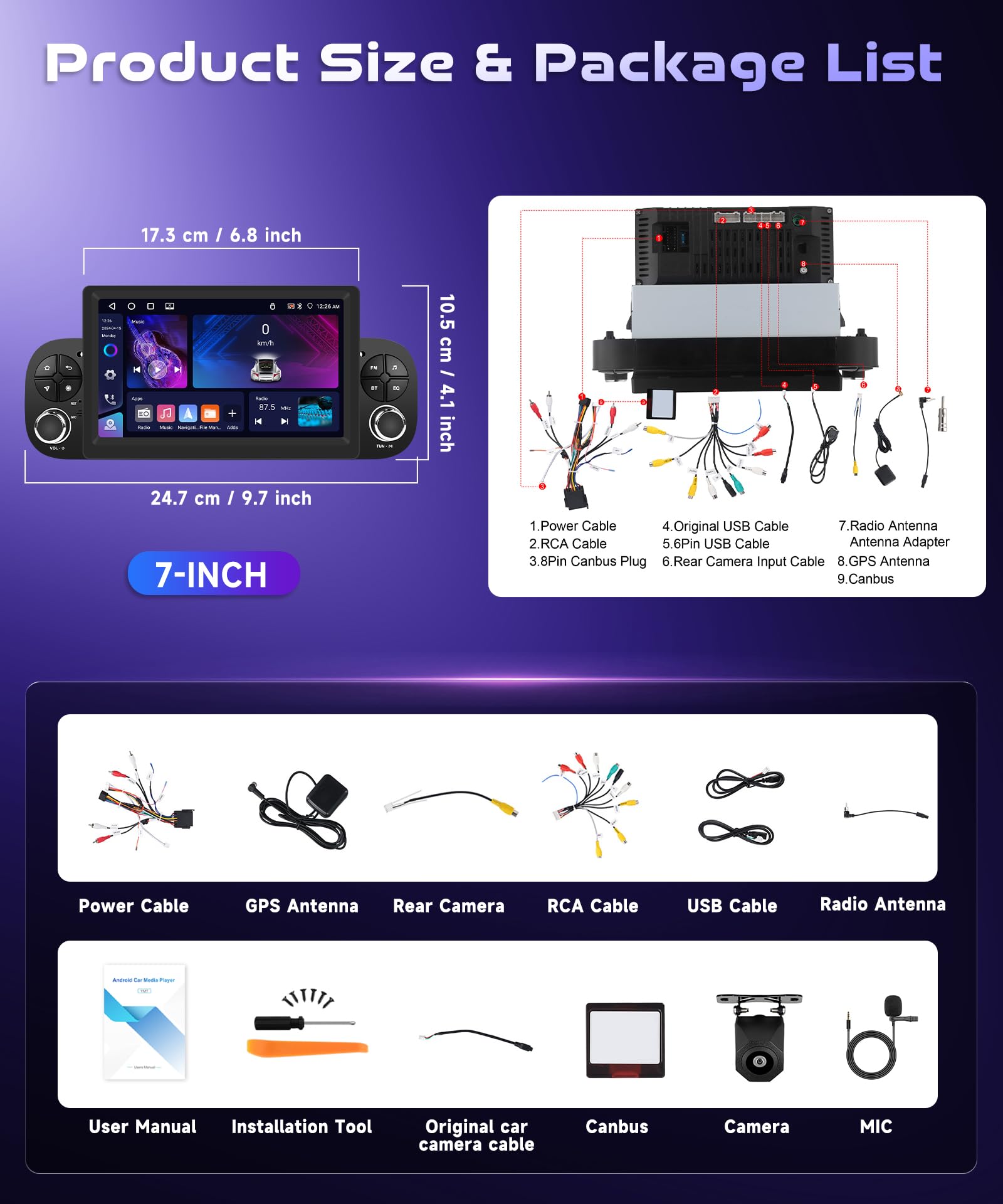 4G/64G VECHTEL 7" Autoradio Bluetooth pour Fiat Panda 2013-2020,Android 15,Carplay Android Auto,DSP,EQ,WiFi GPS,Mirrorlink,RDS/FM Radio 2 Din Con caméra de recul AHD