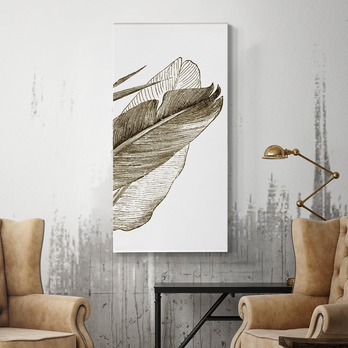 Renditions Gallery Canvas Floral Wall Art Modern Paintings Decorations Vintage Romantic Leaf Abstract Black & White Botanical Wall Hanging Artwork for Office Bedroom Kitchen - 12"x24" LT517