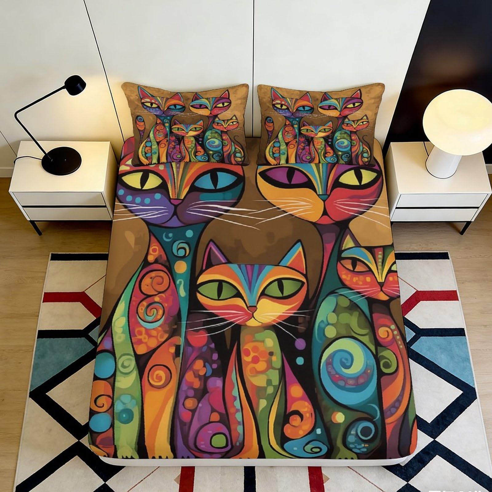 Dhbaneiok Style-10 3D Printed Colorful Artistic Cat Fitted Sheet Microfiber Soft Vibrant Abstract Cat Bed Sheet For Bedroom Guest Room Decor 90X200x25cm
