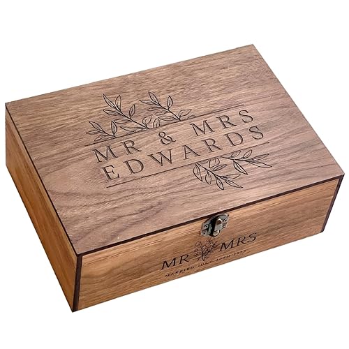 Custom Personalized Wooden Keepsake box - Wedding Card box, Anniversary, Engagement Gift for Couple, Bride, Groom, Wood Memory gift box (Walnut)
