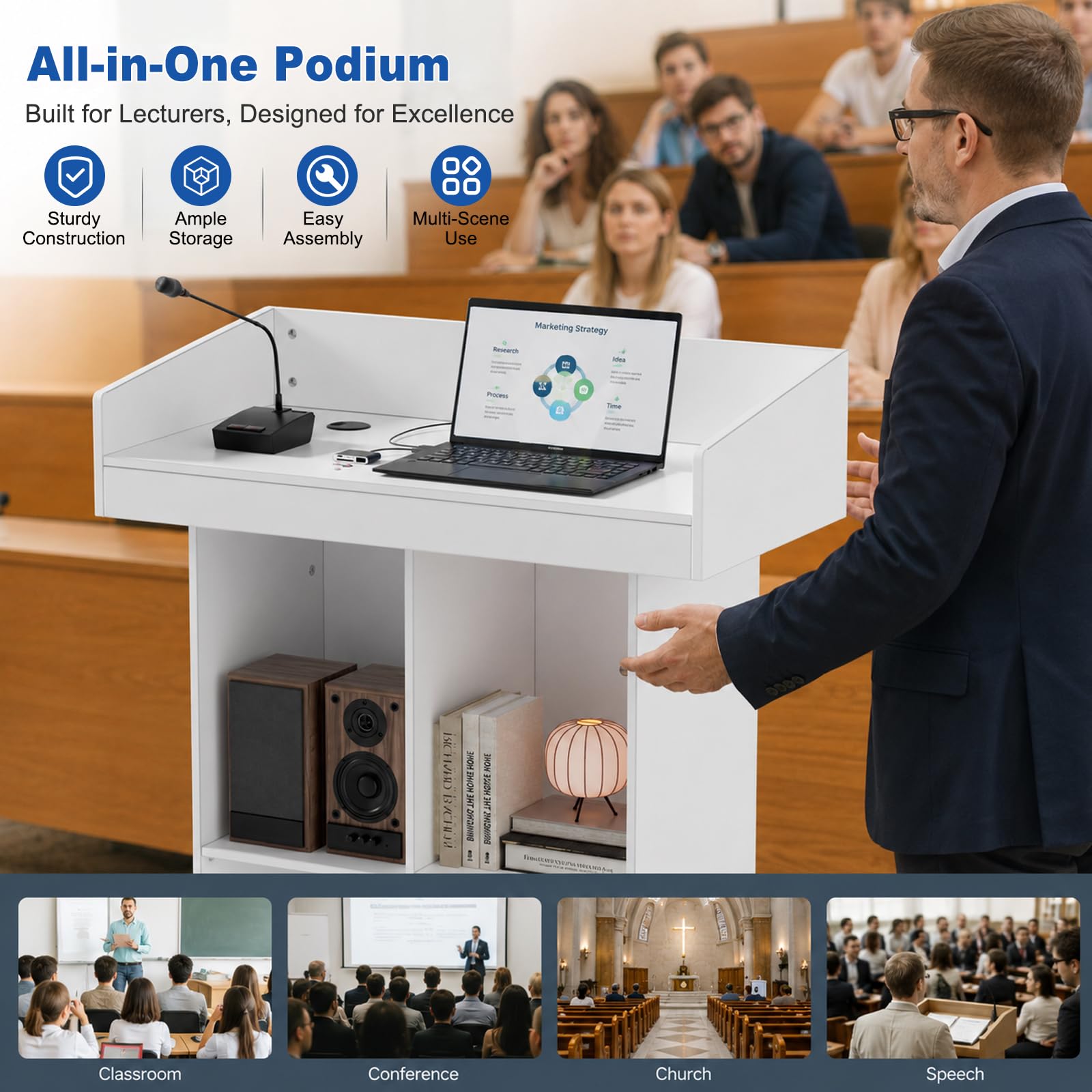 MSFE Atril de pie, mostrador de recepción, podio de madera con luz LED de 16 colores y 4 espacios abiertos, para aulas, aulas, iglesias, seminarios (116,5 x 80 x 40 cm)