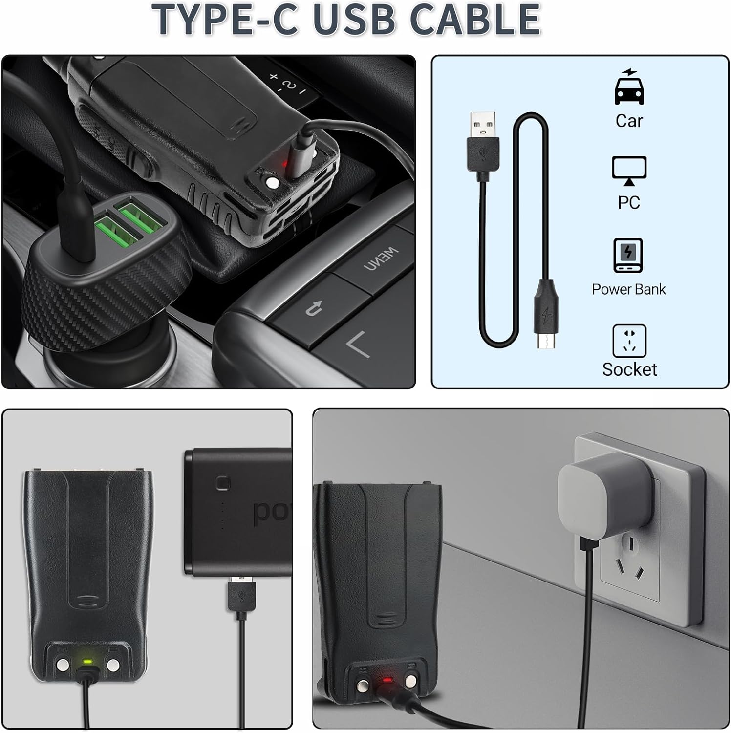 Diagram showing various Type-C USB charging sources: car charger, PC, power bank, and wall socket.