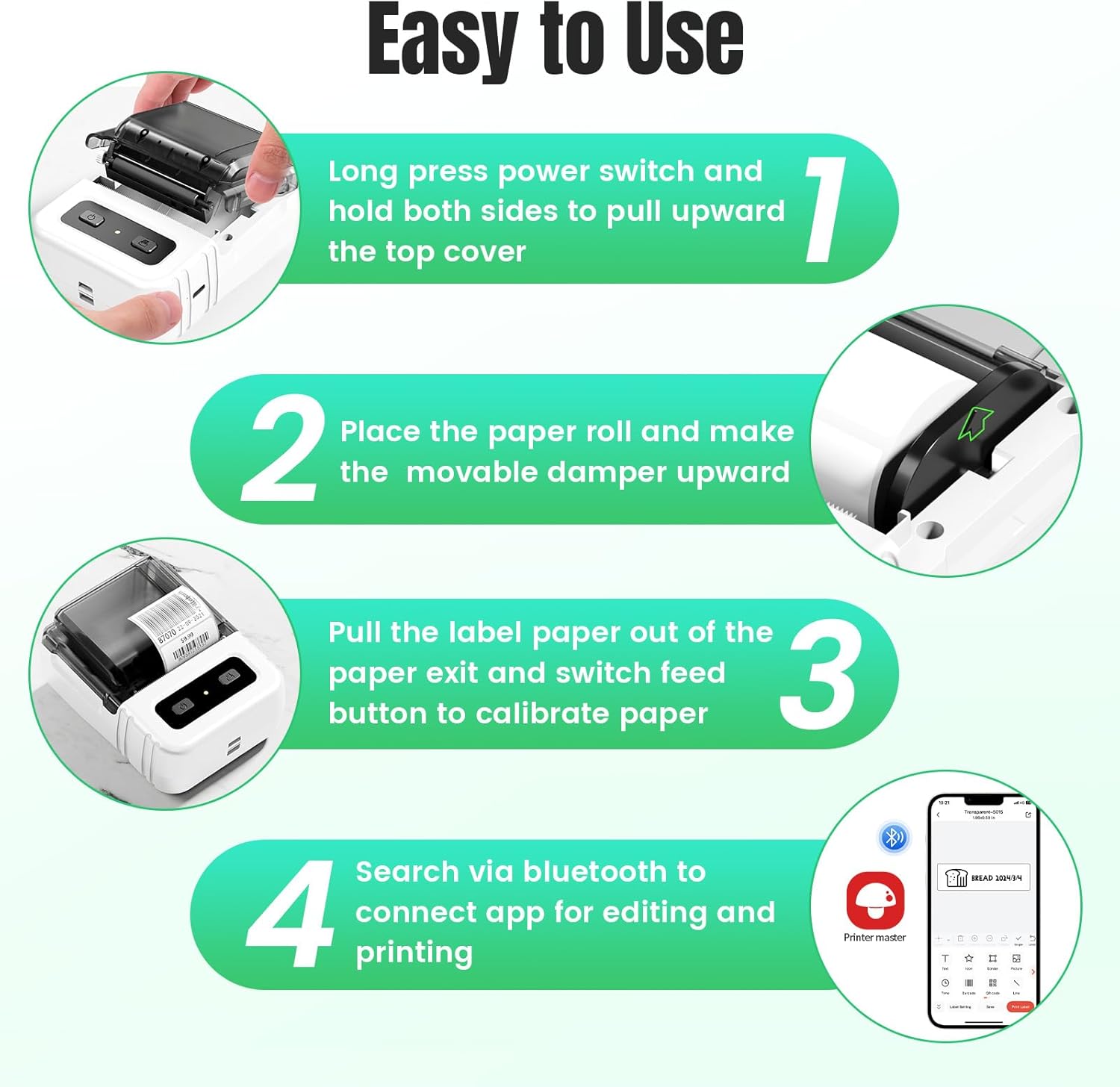 Four-step visual guide on how to load label paper and connect the Itari M102 Label Maker to the app.