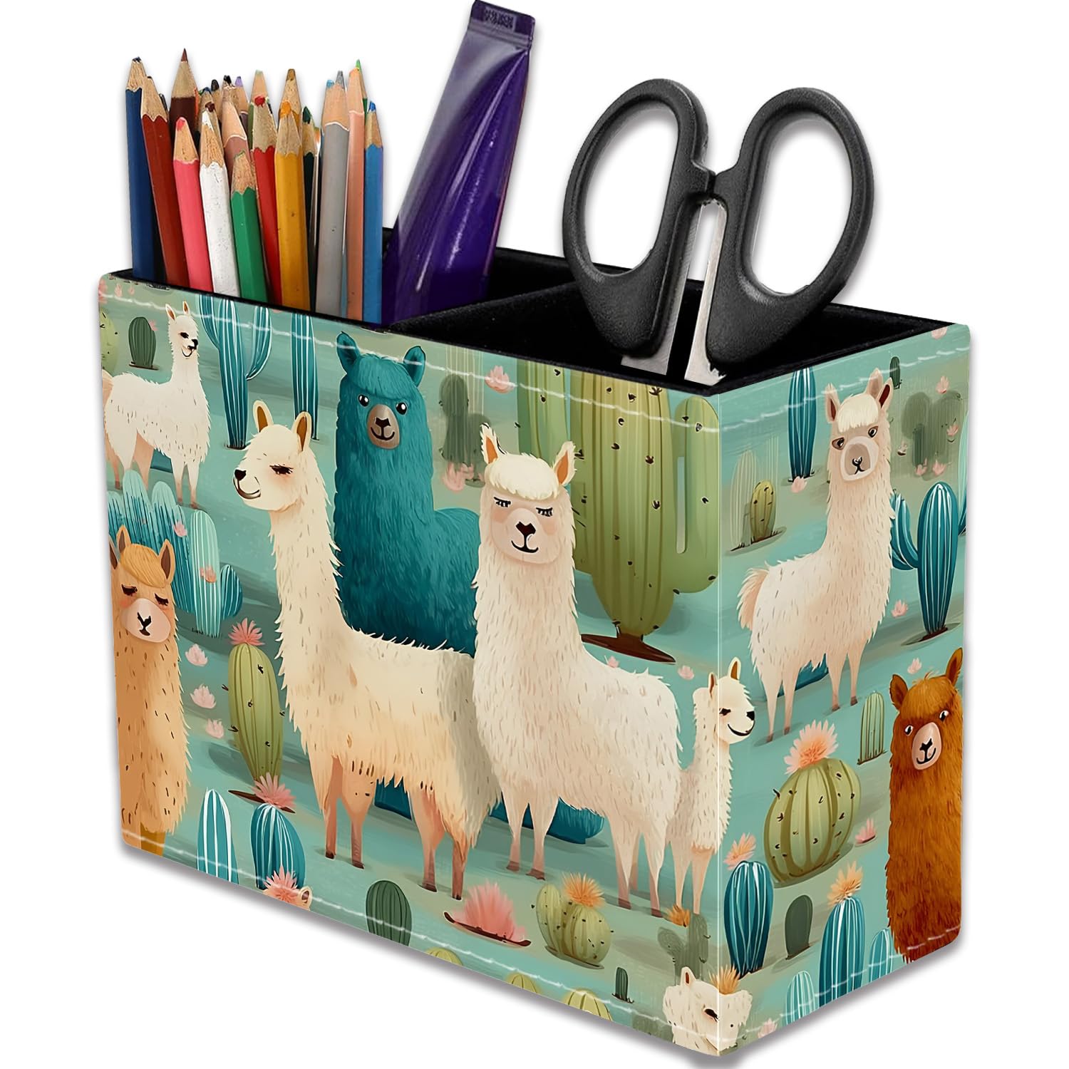 VSHSEEOM Cactus Llama Pencil Holder for Desk, PU Leather Multifunctional Mobile Pen Holder Desktop Organizer Makeup Brush Holder for Classroom, Office and Home
