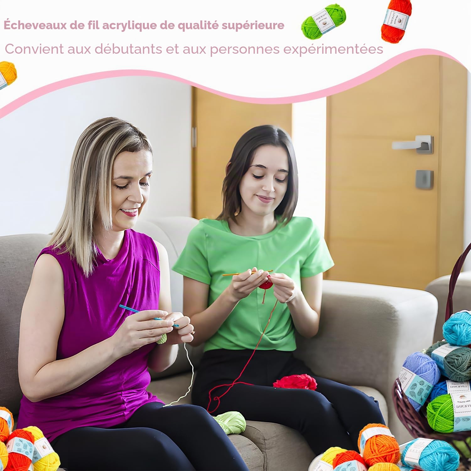 INSCRAFT 40 Pelotes de Laine et Fils, Fil à Tricoter en Acrylique 1280 Mètres avec 2 Crochets, 2 Aiguilles à Tresser, 4 Boucles de Marqueur et 1 Sac, Kit Crochet Débutant pour Adultes et Enfants