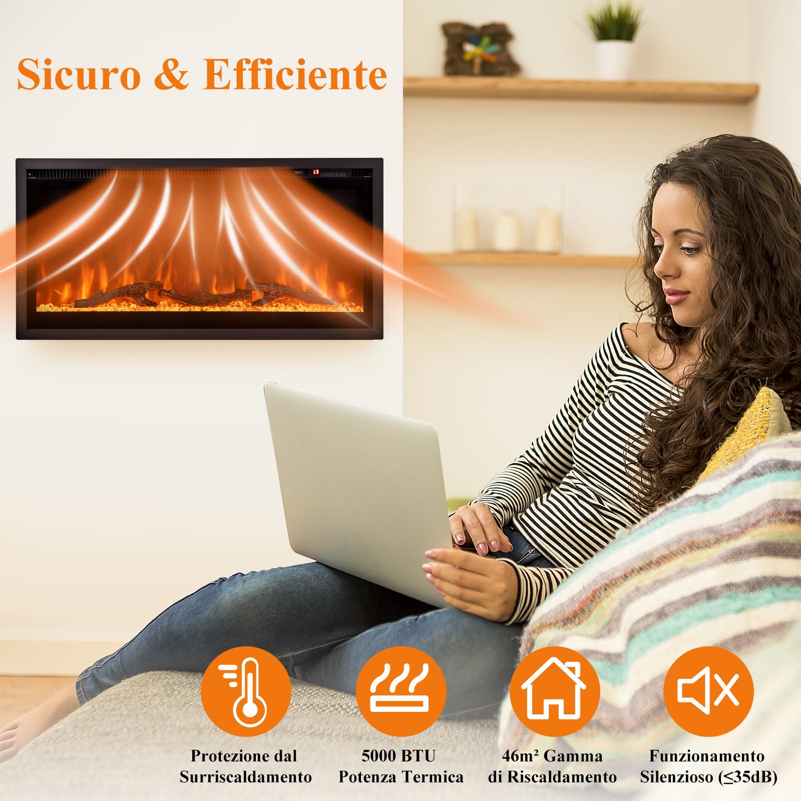 RELAX4LIFE Camino Elettrico e Termocamino Elettrico 750W/1500W, Temperatura 18-28ºC e Timer 1-8 ore con Telecomando, Fiamma Realistica in 9 Colori e 5 Luminosità, 91,5 x 14 x 45 cm