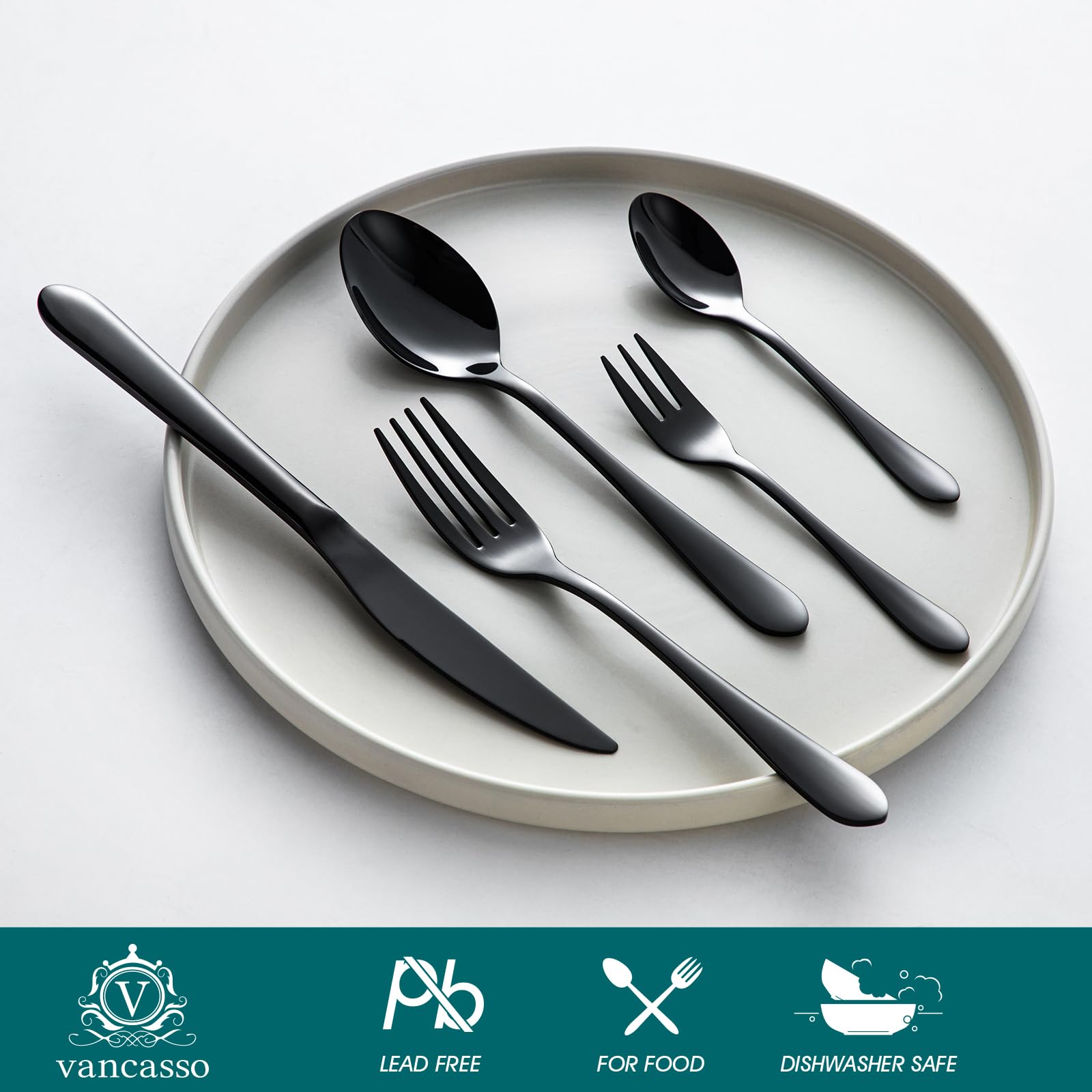 vancasso Besteck Set Schwarz 12 Personen, Besteck Set Glänzend, 18/10 Edelstahl Besteckset mit 60-Teilig Messer/Gabel/Löffel/Dessertlöffel/Dessertgabel, Schwarzes Besteck mit Geschenkbox