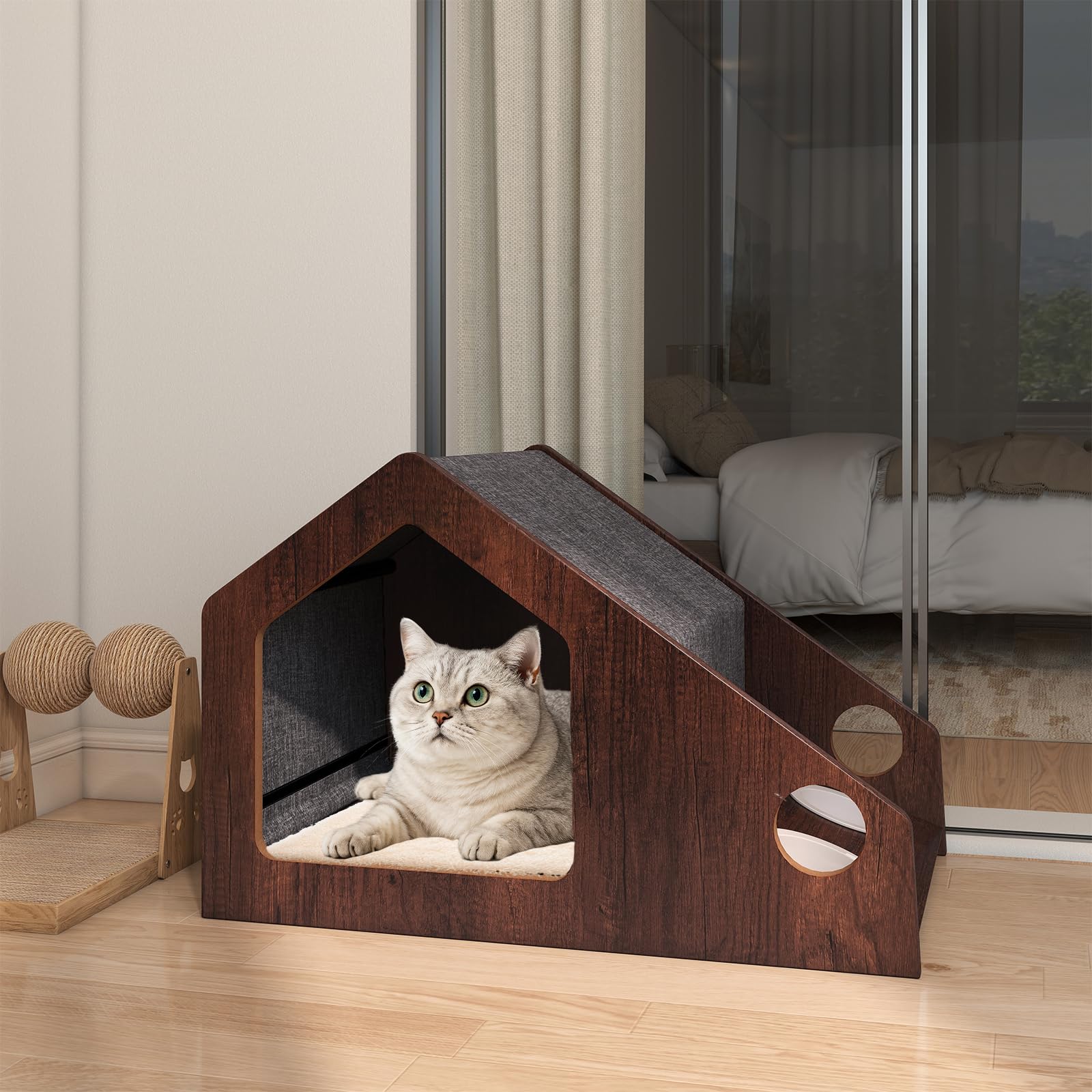 COSTWAY Casa para Gatos de Madera para Interior, 60x40x40 cmCaseta para Gatos con Comedero, Techo Desmontable y Lavable, Estructura Metálica, Villa de Estilo de Granja, Refugio Decorativo para Gatitos