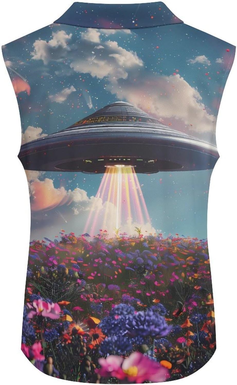 Spaceship Over Wildflowers Field Women Sleeveless Collared Golf Polo Shirt | V Neck Tank Top,Breathable Tennis Shirts