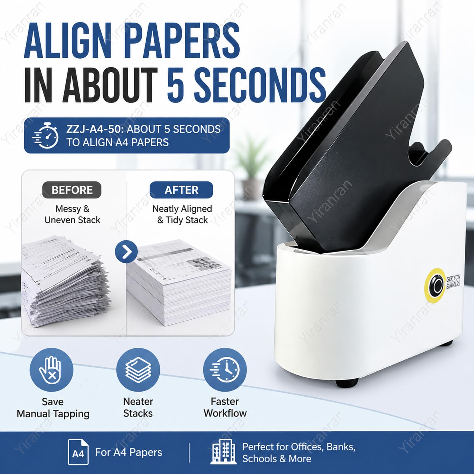 Desktop Paper Jogger, Allineatore di carta per fogli A4 e più piccoli, larghezza telaio 50 mm, selezionatrice in 5 secondi per ufficio, stamperia, scuola e contabilità