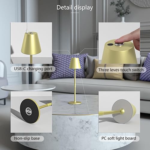 Miniatura 7 de Timjorman Lámpara de mesa LED inalámbrica, lámpara de escritorio con batería recargable de 4000 mAh, luz nocturna de 3 niveles, diseño simple, para