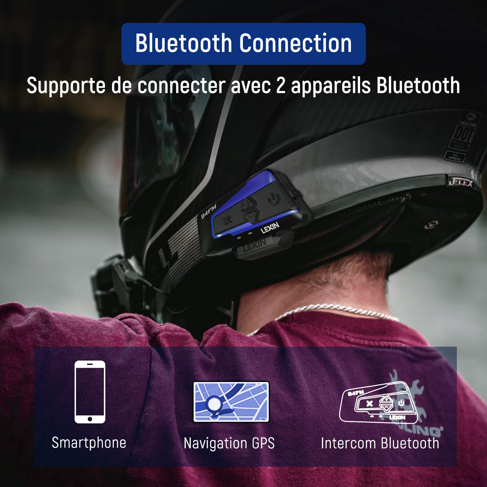 LEXIN B4FM Intercom Casque de Moto Bluetooth, Mains Libres 1-10 Motards, système de Communication avec Partage de Musique, écouteurs pour Moto
