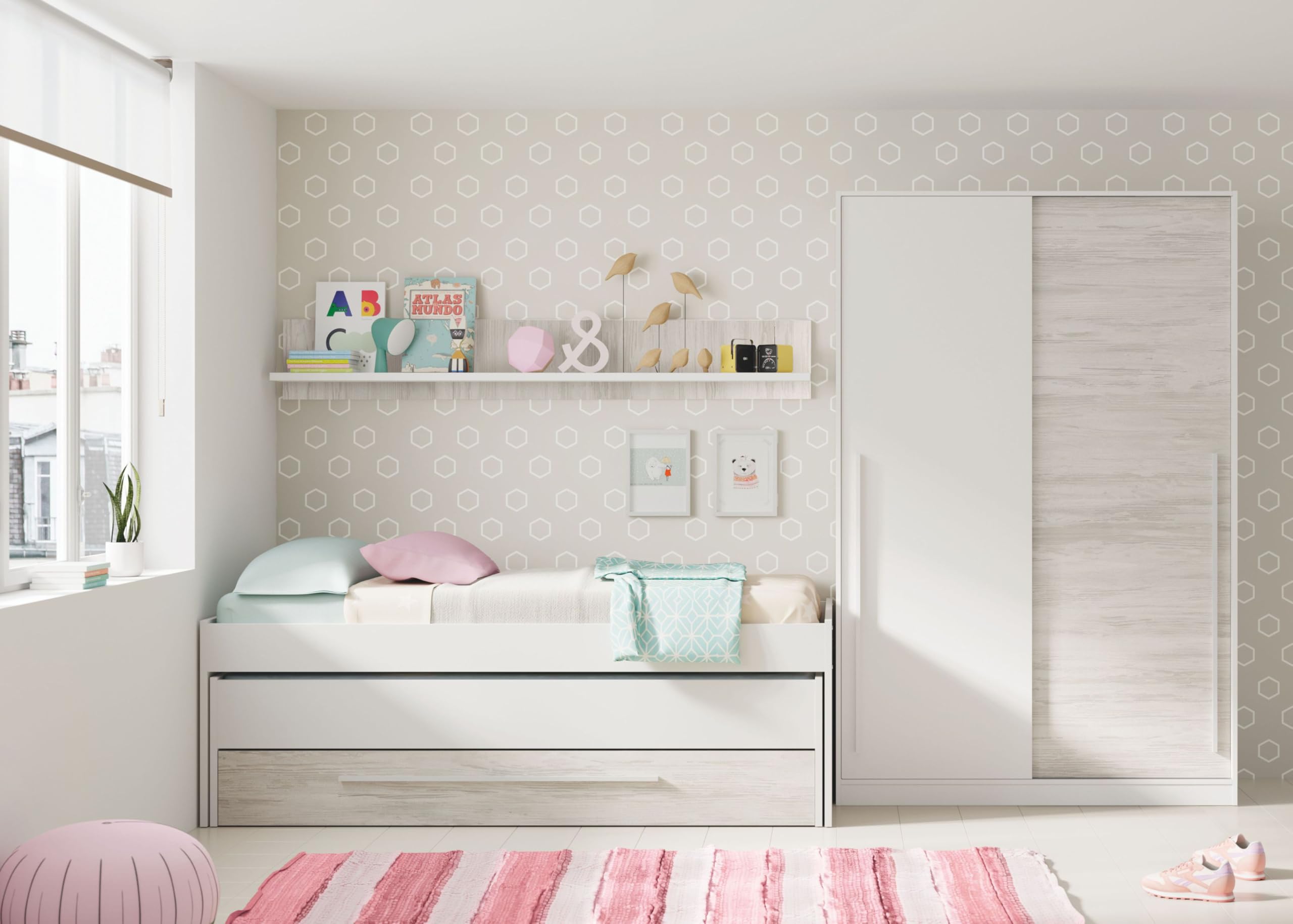 Habitdesign Cama Nido Juvenil 2 Camas Cajon Estante Infantil Blanco 199x96x65 cm