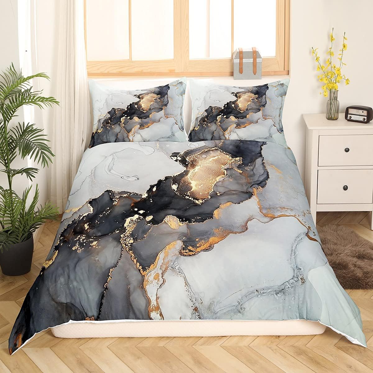 Black Marble Bedding Set Queen,Black and Grey Marble Duvet Cover Men Teens Boys