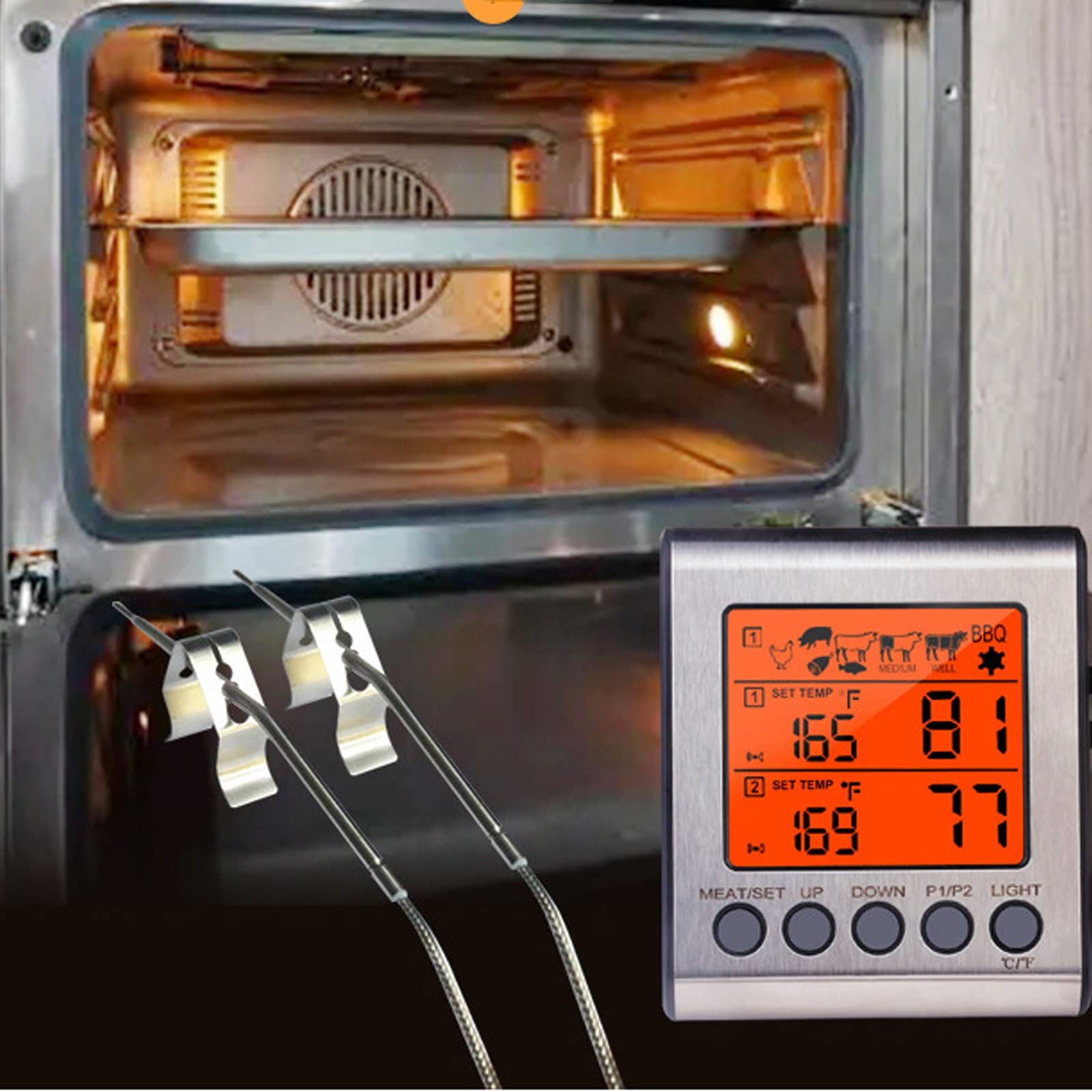 Termómetro digital para cocinar carne con sonda dual, termómetro para carne de lectura instantánea con función de alarma y calibración
