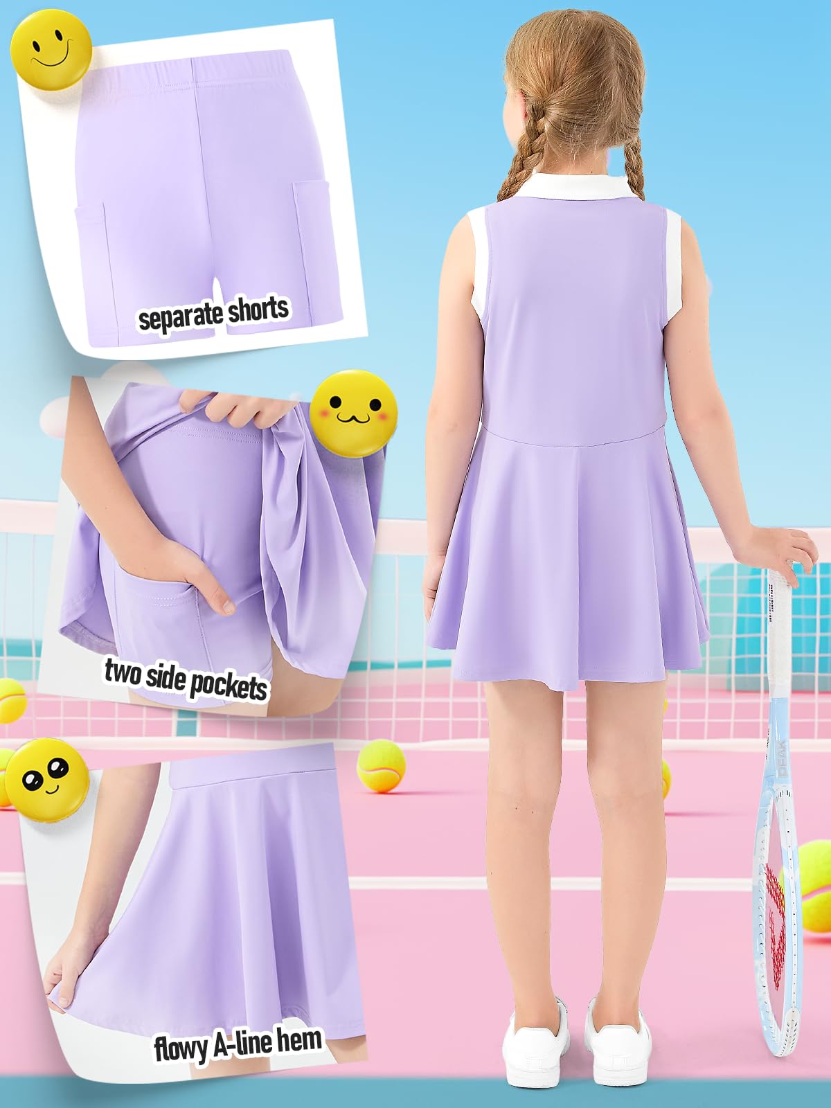 Vestido de Tenis para Niña con Pantalón Corto Polo Athletic Dress Sin Mangas Vestidos Deportivos con Bolsillos Ropa Golf Deporte Casual