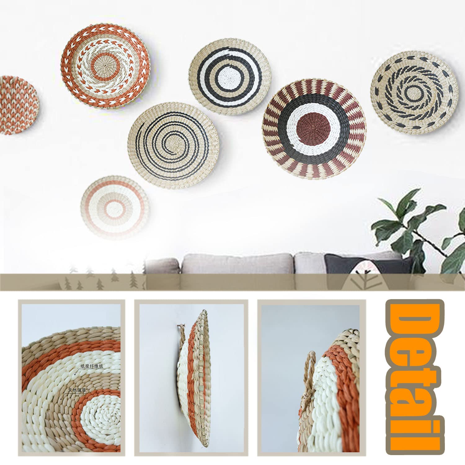 Set 6 Decorazioni Parete In Rattan Con Nappe - Fatto A Mano, Bohémien, Per Soggiorno E Camera - Foto 3