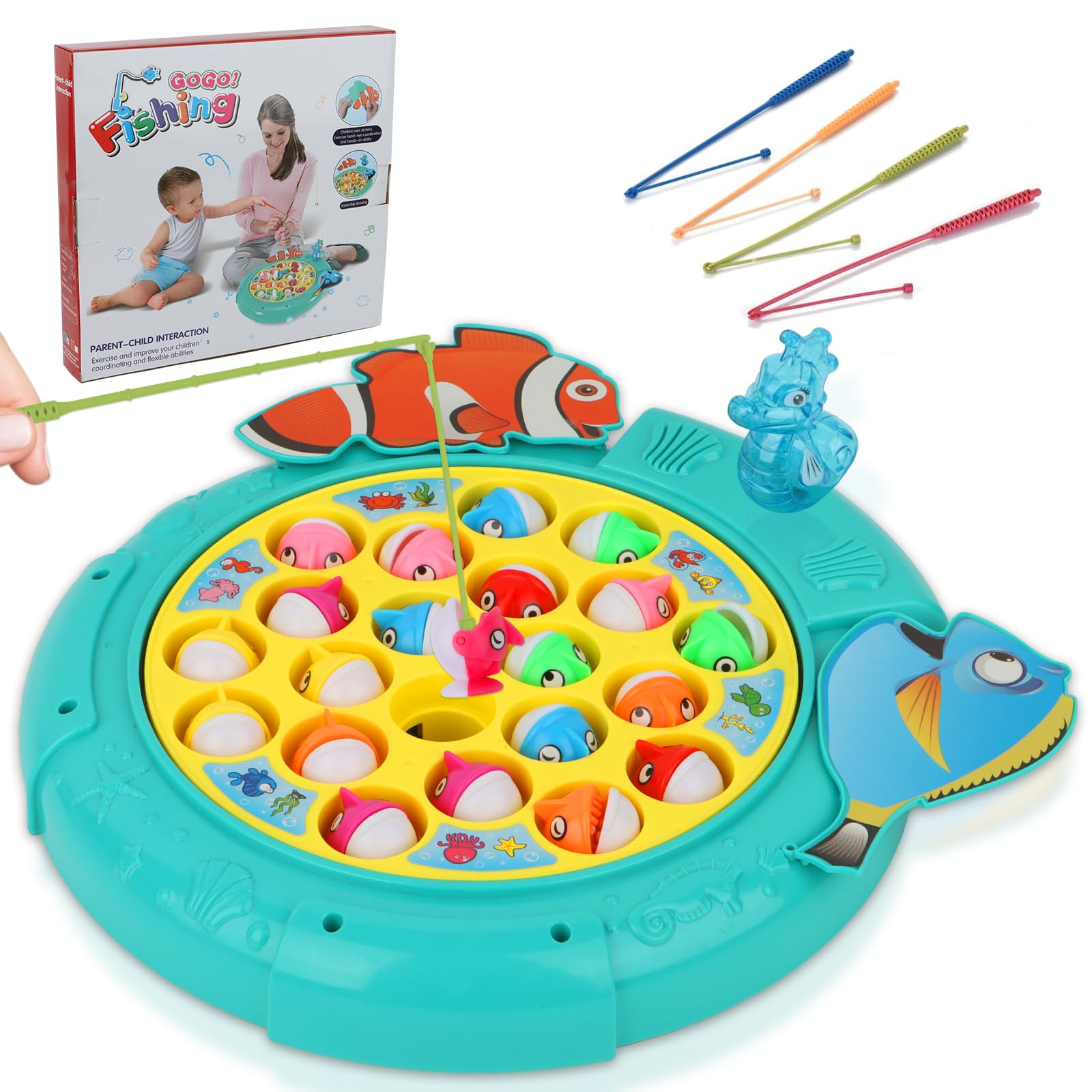 Magnetic Fishing Games Set - Fun and Educational Fishing Toys for Toddlers and Kids, Includes 21 Fish, 4 Poles, Rotating Board, and On-Off Music, Perfect Fish Toy for Go Fish Fun
