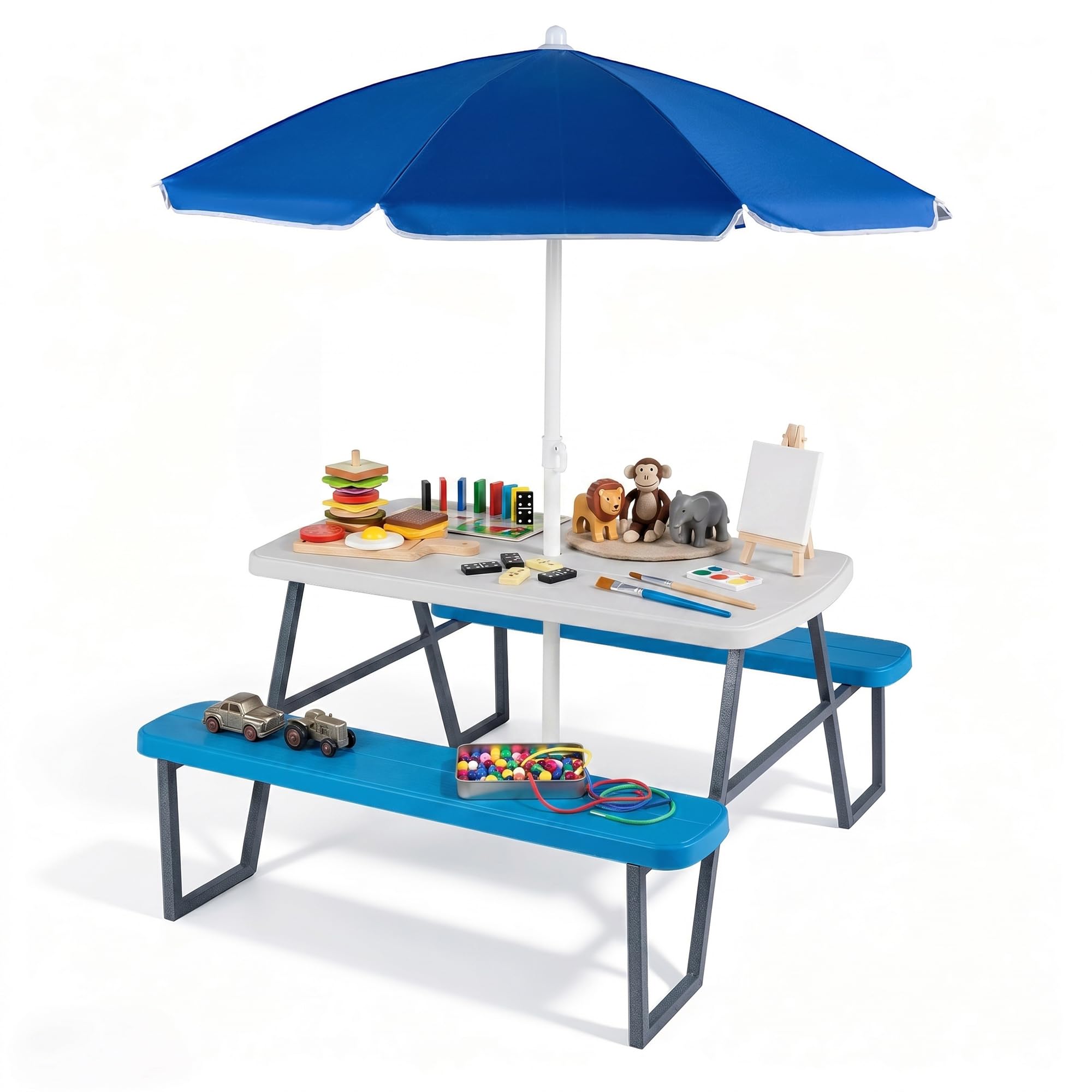 GOPLUS Table de Pique-Nique Enfant avec Parasol Amovible, Table Exterieur Enfant en HDPE avec 2 Bancs Intégrés, Salon de Jardin 4 Personnes pour 3+ Ans, pour Cour Pelouse Plage, Charge 300KG