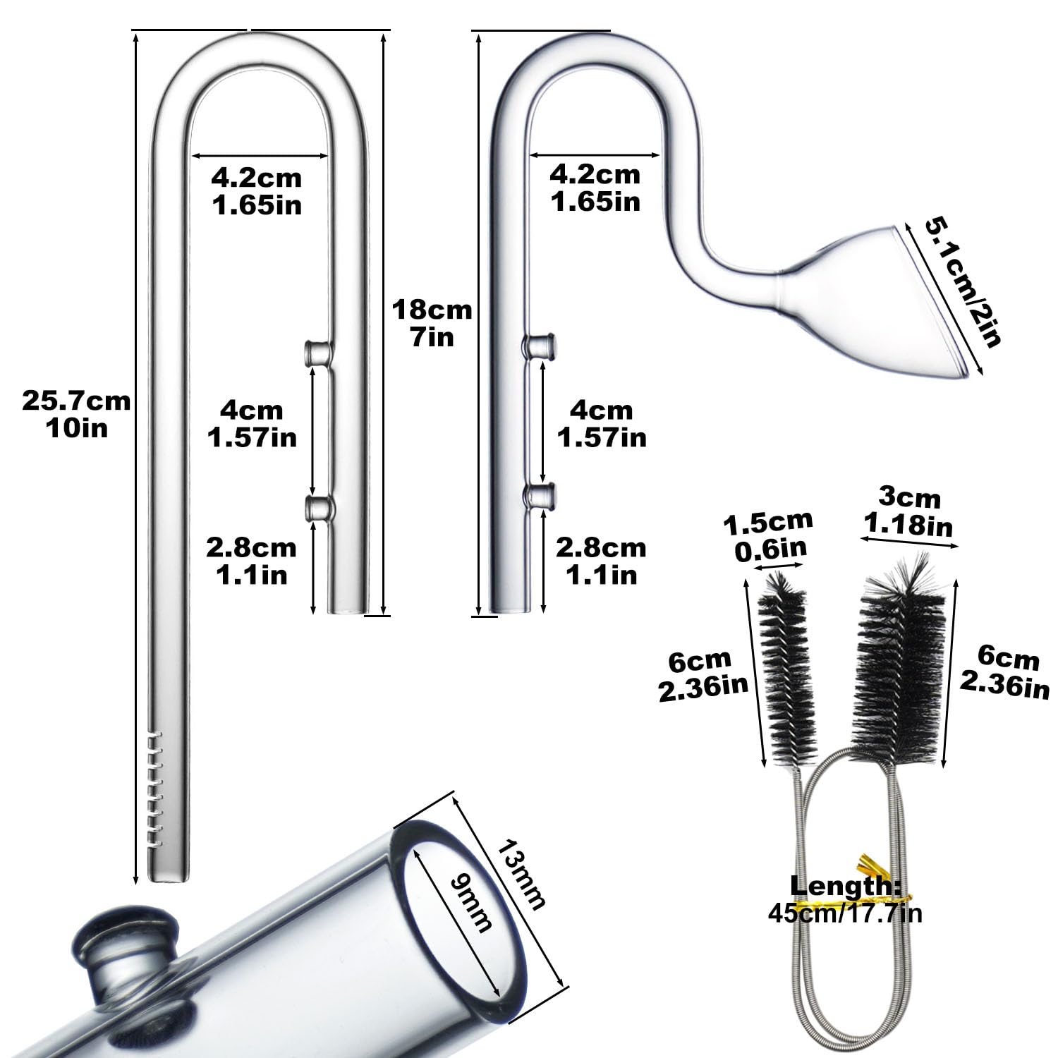 LINLAN Glass Lily Pipe Inflow and Outflow, With Cleaning Brush, Fits 12/16mm(1/2'' i.d.) Filter Hose, for Aquarium Planted Tank(13mm-No Skimmer) - Image 2