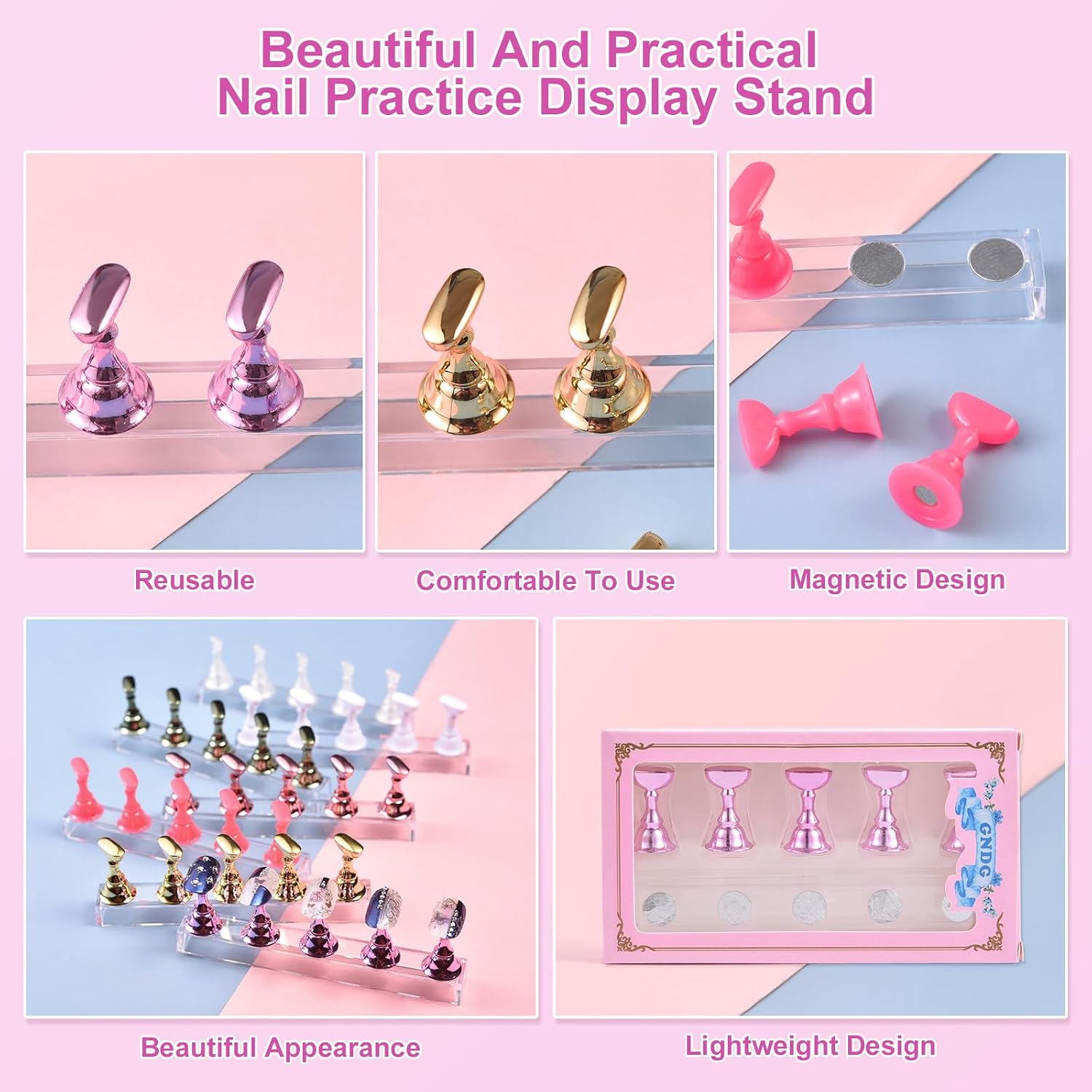 2 Sets Nail Stand for Press on Nails Art Display Practice Fake Nail Tips Holder for Painting Nails Stand Magnetic False Nail Practice Stand for Home DIY Nail Art and Nail Salon, Pink2