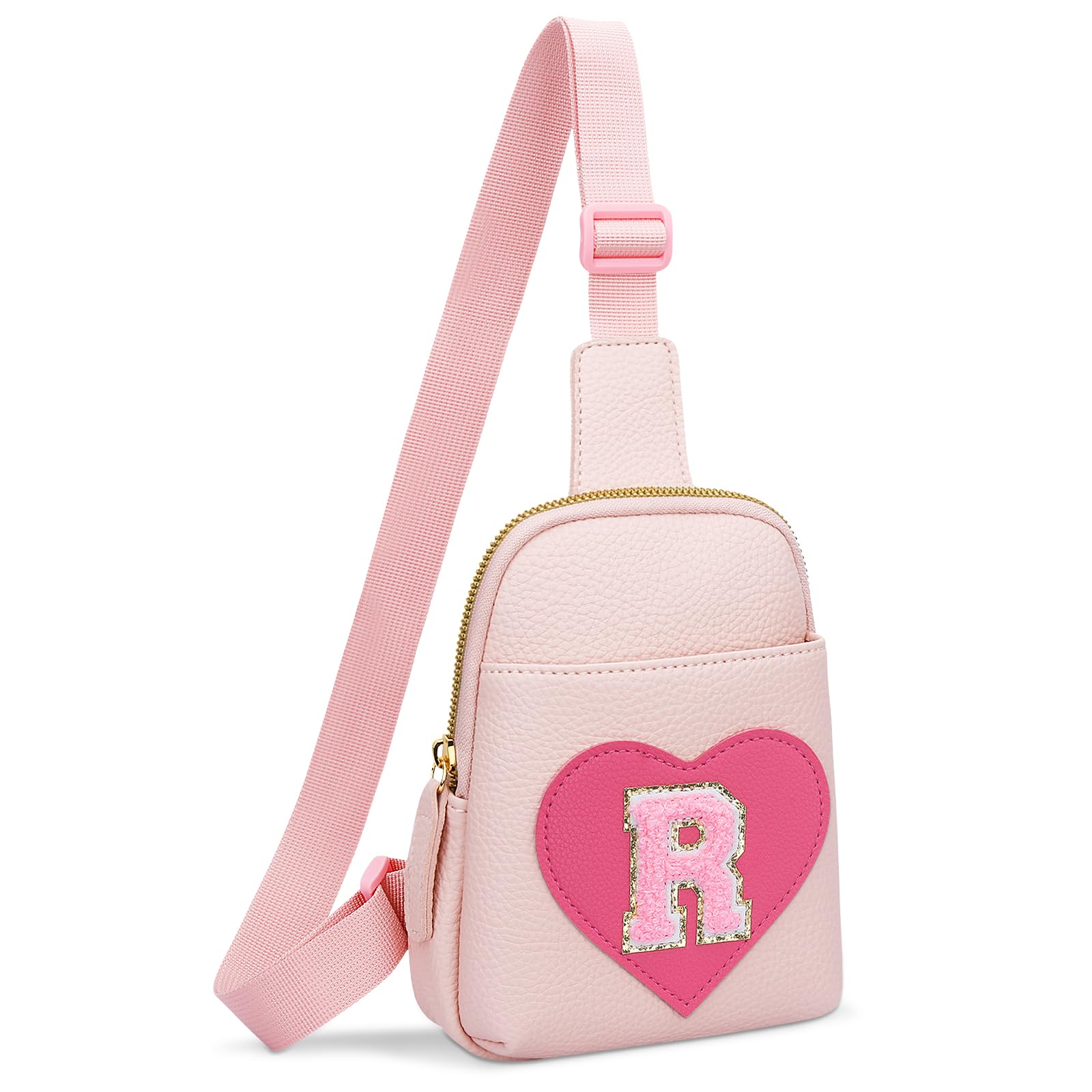 KKXIU Girls Sling Crossbody Bag Heart Initial Chest Bag Pink Mini Fanny Pack Personalized Gift for Kids Children