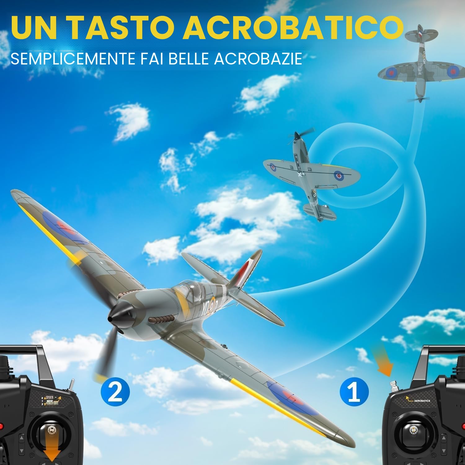 volantexrc Aereo RC, Caccia Spitfire V2 Telecomandato 4 Canali RTF con Alettoni, Gyro, Funzioni Acrobatiche e 3 Modalità, Facile da Pilotare, Aeromobile Radiocomandato