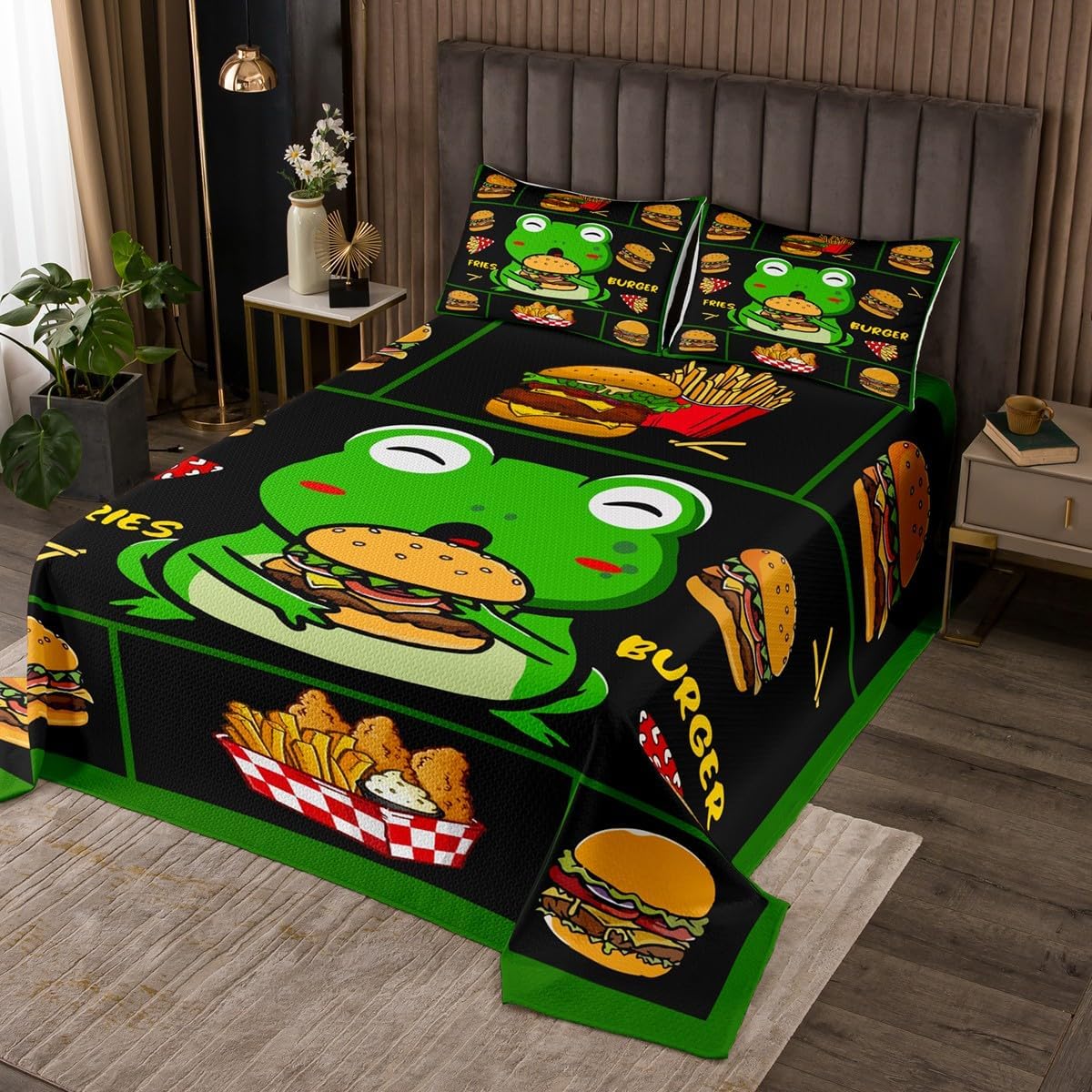 Frog Twin Size Bedspread for Kids Kawaii Frog Decor Coverlet Fries Burger Food Quilt Set Women Men Boys Girls Teens Ultra Soft Decor Cute Cartoon Animal Quilted, Green Black Bedding Collection
