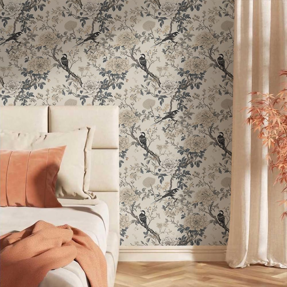 18"x236" Vintage Boho Grey Beige Flower Peel and Stick Self Adhesive Wallpaper Removable Contact Paper Stick on Easy Peel Off Wall Paper for Kitchen Bedroom Bathroom Renter