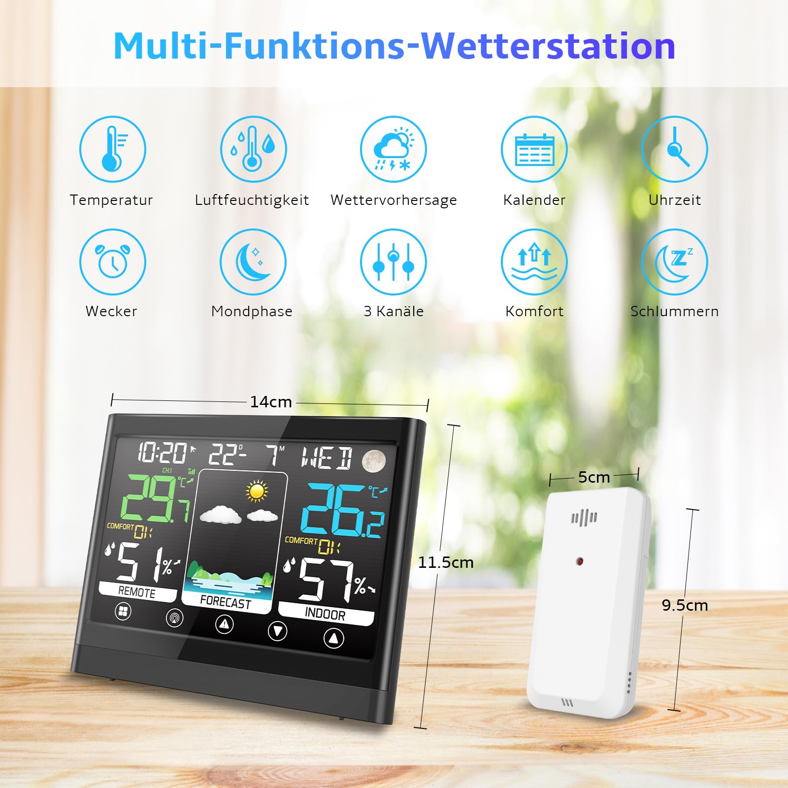 jely Wetterstation Funk mit Außensensor, Thermometer Hygrometer Innen/Außen, VA Farbdisplay Wetterstationen Innen und Außentemperatur Funk mit Wettervorhersage,Luftfeuchtigkeit,Mondphase,Uhrzeit&Datum