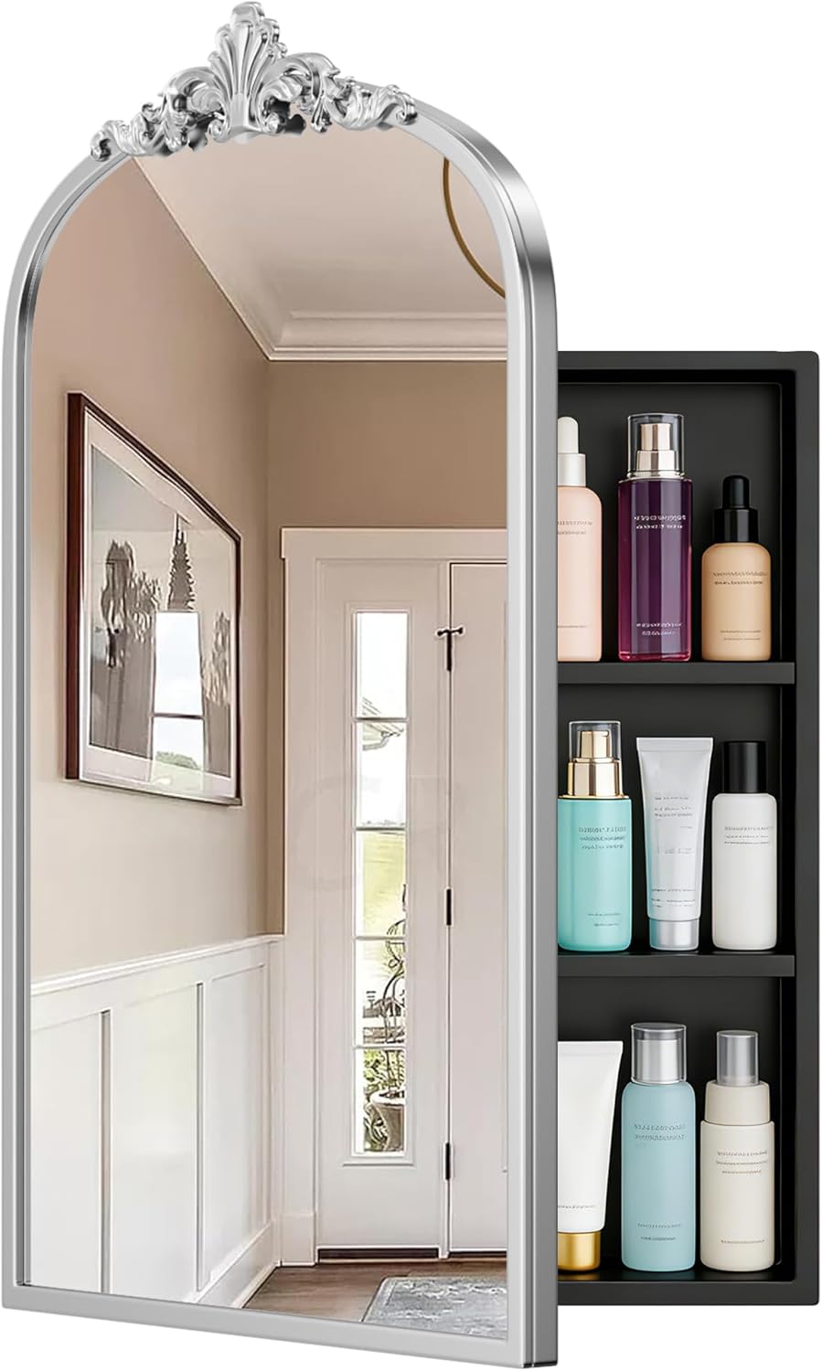 SDHYL 24"x16" Recessed Medicine Cabinet with Mirror, Vintage Silver Wall-Mounted Bathroom Mirror Cabinet with Storage, 2 Stable & Removable Shelves