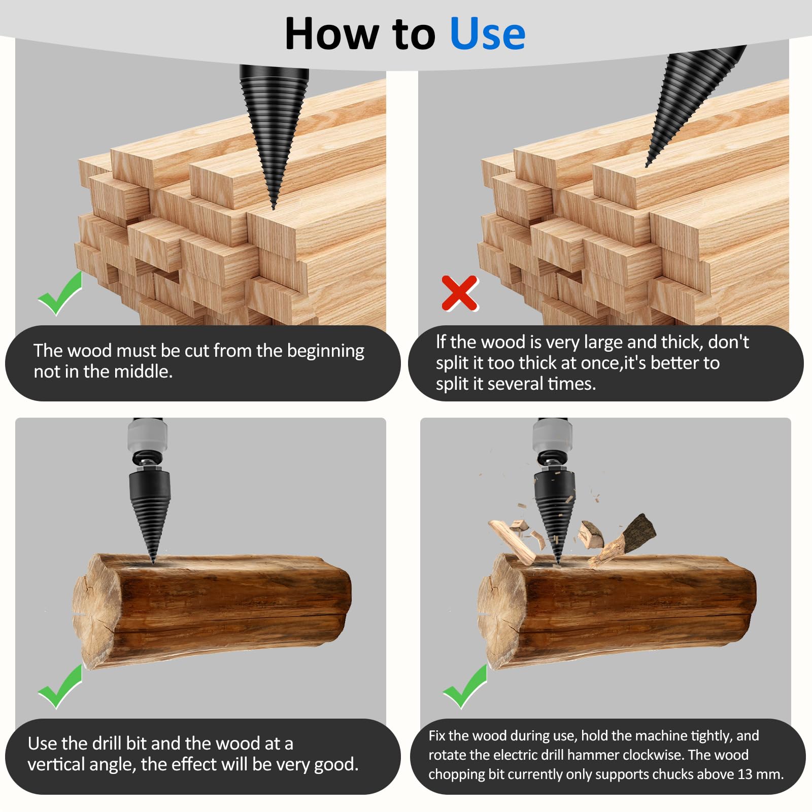 Foret de Fendage de Bois, 32+45mm Fendeur de Bois Conique, Foret À Bois pour Fendre du Bois avec 3 Poignées de Forage, Foret Fendeur de Bois ou de bûches Vis Cône pour Perceuse