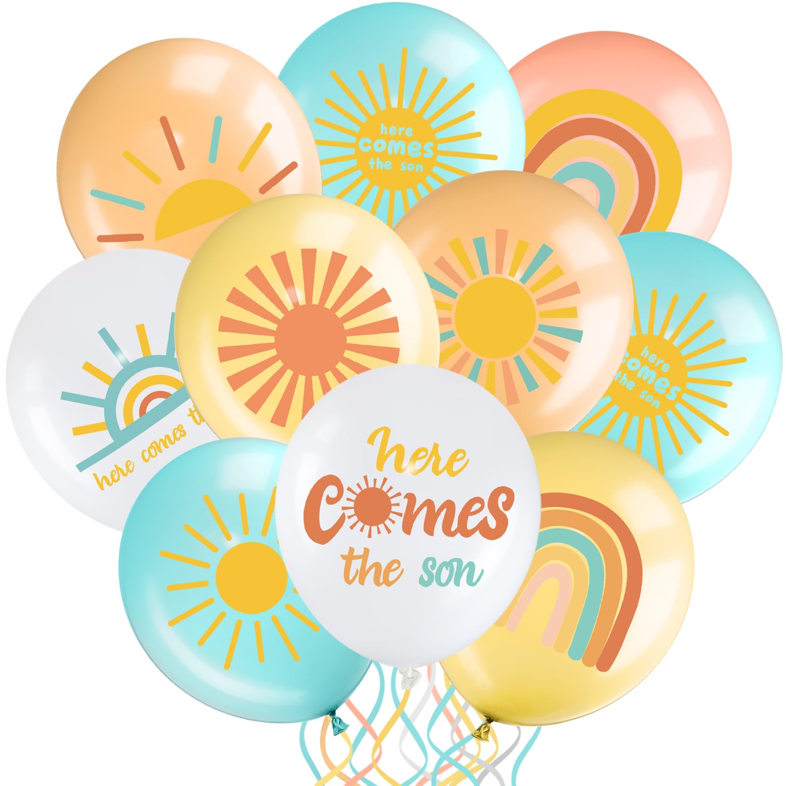 Faccito 63 Pcs Here Comes the Son Baby Shower Balloons Decorations 12 Inch Rainbow Sunrise Latex Balloons First Trip Around the Sun Party for Boho
