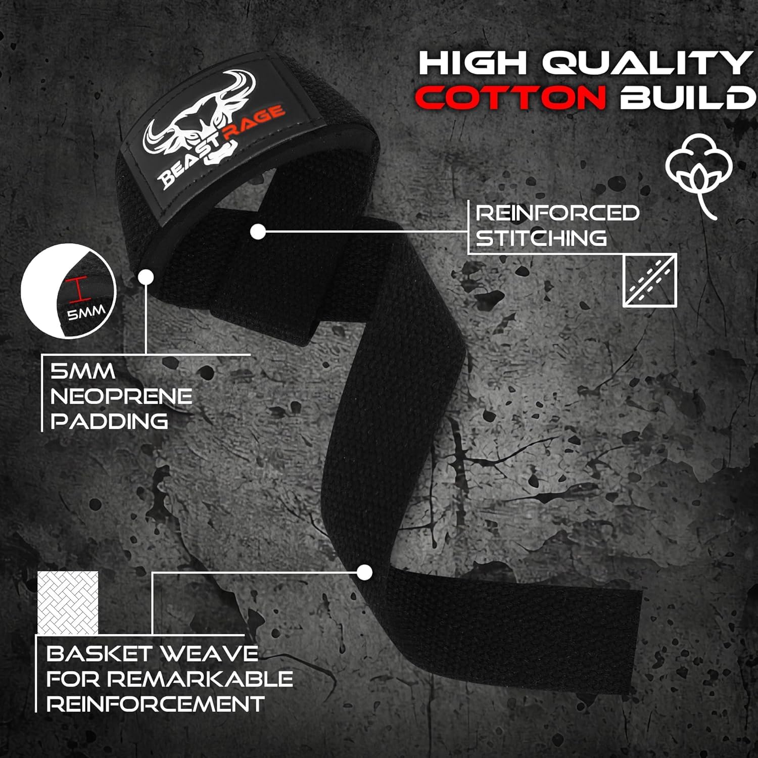 BEAST RAGE Weight Lifting Straps Fitness Padded Cotton Wrist Support Gel Advanced Grips Dumbbell Bar Wraps Heavy Duty Gym Bodybuilding Straps Power Deadlift Barbells Non Slip Exercise