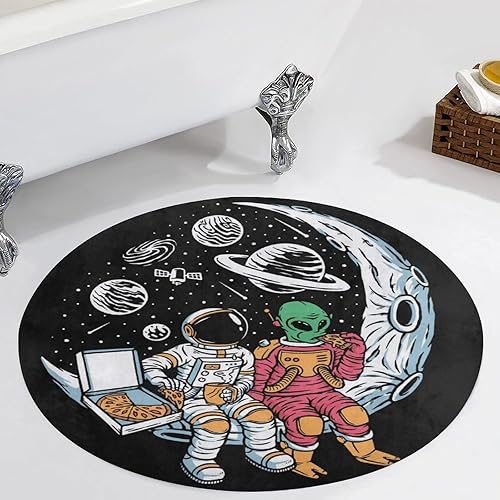 Miniatura 4 de HoaMoya Divertida alfombra redonda de astronauta alienígena, alfombra circular circular con luna, alfombra circular antideslizante para cocina, sala