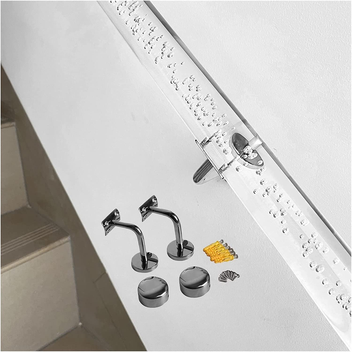 Jiajujia Silver Stair Handrail Clear Acrylic For Indoor Staircase, Mobility Aids Banister For Disabled Safety, Complete Kit