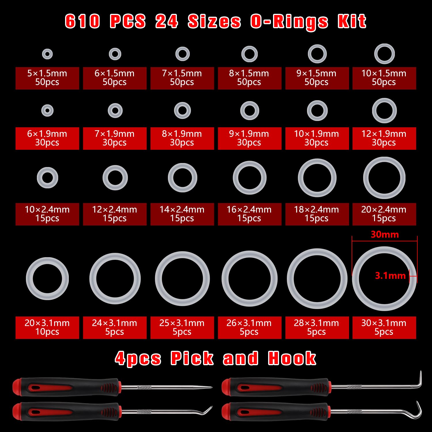 YIXISI 610 PCS 24 Sizes White O-Rings Assortment Kit, Silicone Metric O-Rings, with Pick and Hook - Image 2