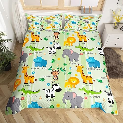 Erosebridal Funda de edredón para niños y niñas, diseño de animales de la selva, diseño de elefante, hipopótamo, cocodrilo, jirafa, mono, para niños